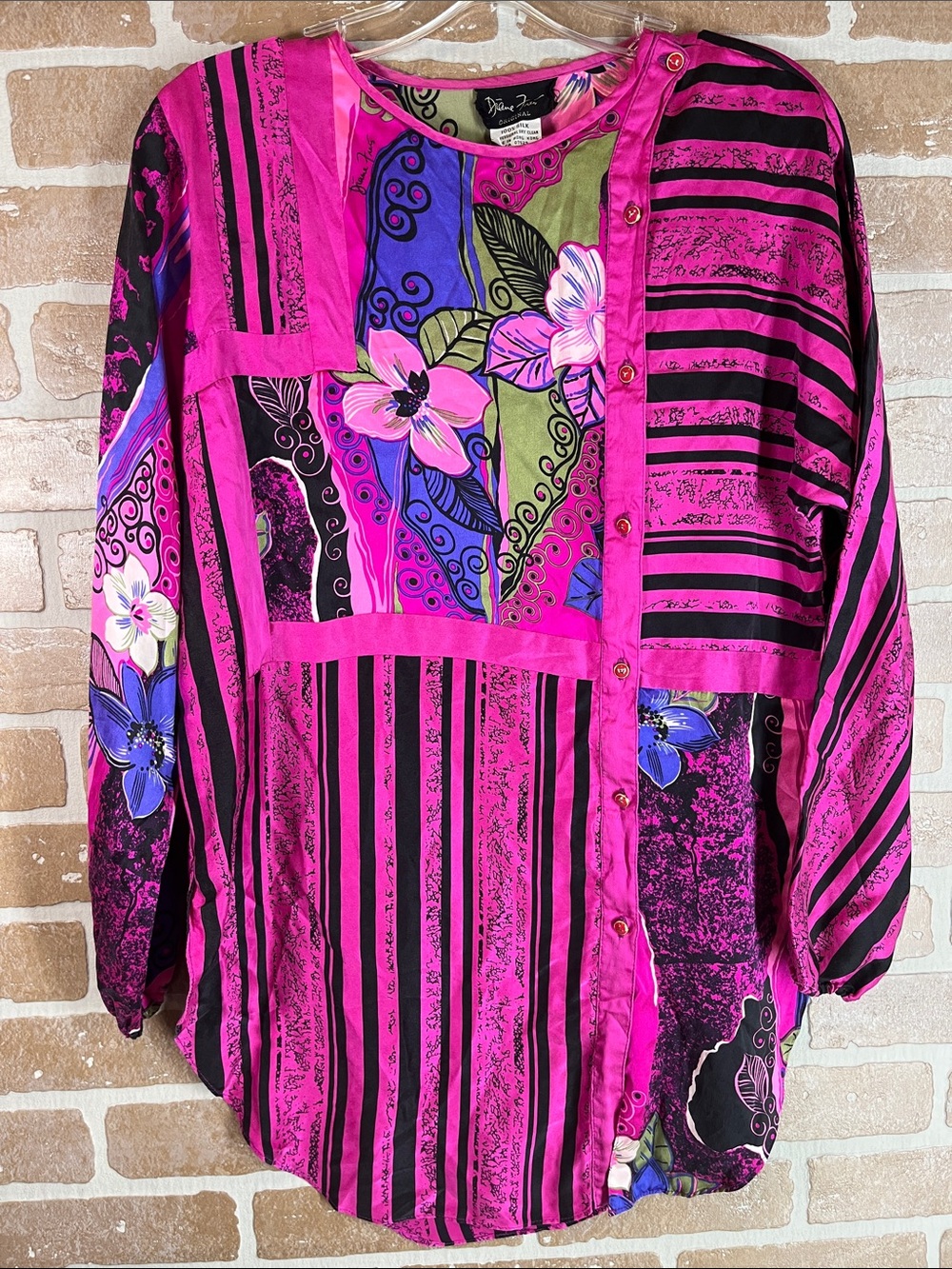 Vintage Diane Freis 100% Silk Blouse Top in Fuchsia vibrant tunic